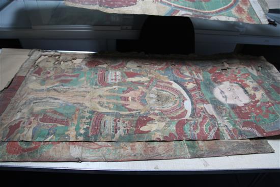 Three Chinese or Korean fragmentary temple paintings/thangkas of immortals, 17th/18th century, the largest 157.5cm x 64cm